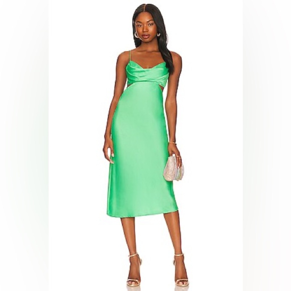 NWT More To Come Lisa Cowl Neck Midi Dress XS Green Cut Out Satin